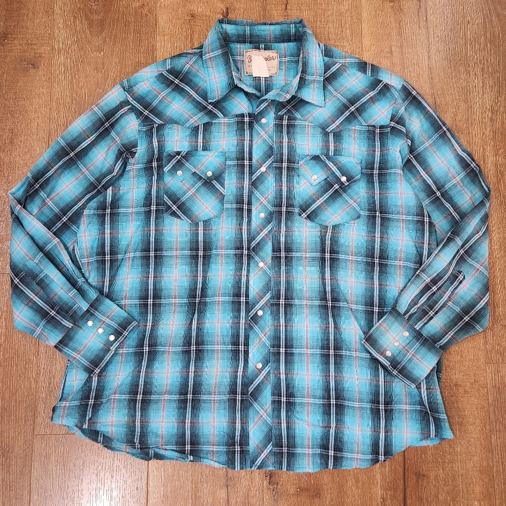 Vtg Wrangler Turquoise Plaid Pearl Snap Western Shirt Retrocore Cowboy Southwest